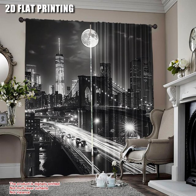 Vorhang-Set aus Polyester mit New York City Nachtszene in Schwarz und Weiß, 2er-Set, B: 100 cm, H: 70 cm - Bild 1