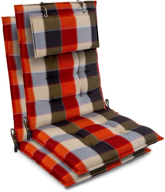 Beautissu 2er Set Sun-HL Hochlehner Auflage Orange-Beige-Kariert, B/T/H: 120 x 50 x 8 cm - Bild 1