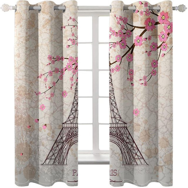 A Family Of Home Textiles 2er Set Vorhang mit Paris Eiffelturm und rosa Rosen Motiv, modern und halbtransparent, Farbe: Rosa, Breite: 100 cm, Höhe: 130 cm - Bild 1