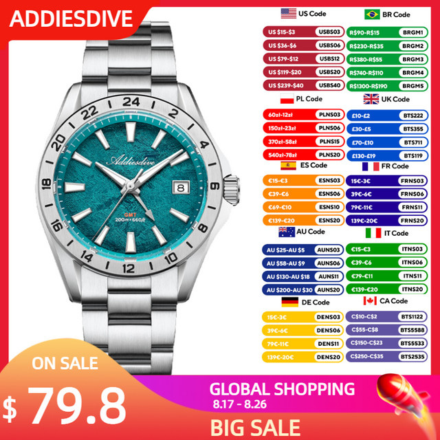 ADDIESDIVE Armbanduhr, GMT-Quarz, Edelstahl, 38 mm, Saphirglas, 20 ATM, Unisex - Bild 1