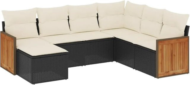 vidaXL 7-teilige Garten-Sofagarnitur in L-Form aus Poly-Rattan mit Kissen in Schwarz und Cremeweiß - Bild 1