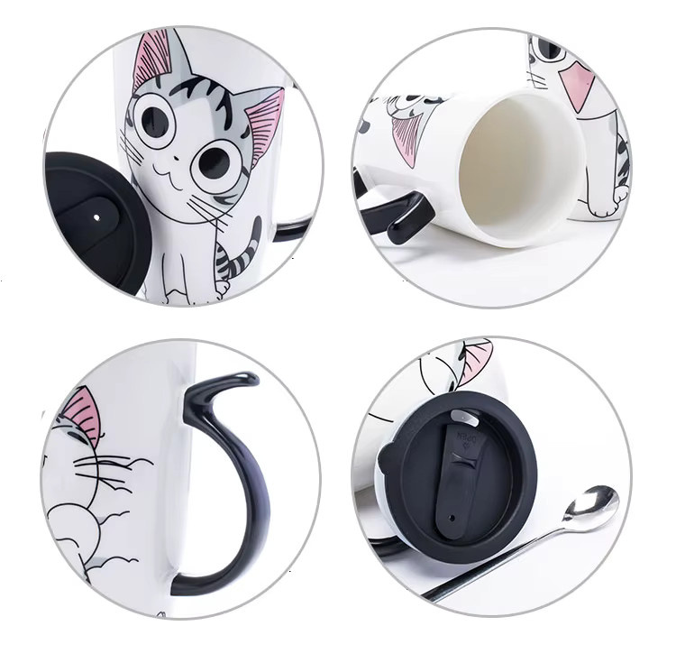 Keramikbecher mit Deckel und Löffel in Weiß, Motiv Katze, 600 ml - Bild 3