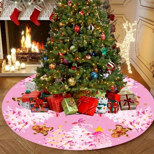 VIKAMA Weihnachtsbaumrock mit Cartoon-Lebkuchenmann-Design in Rosa für deine Weihnachtsdekoration - Bild 1