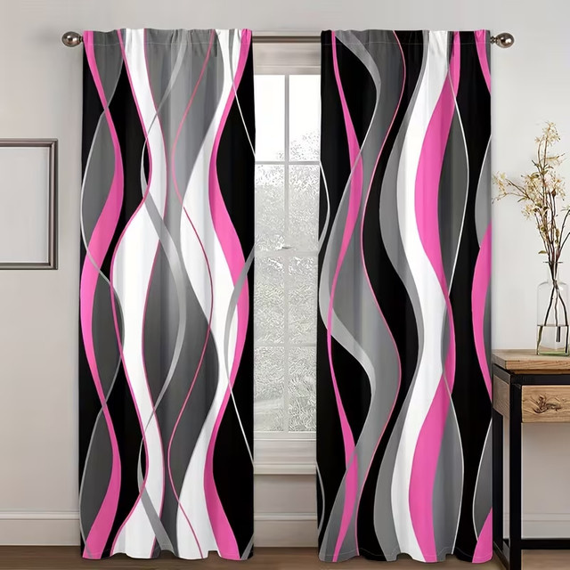 VIKAMA 2er-Set abstrakte geometrische Vorhänge mit Streifenmuster in Multicolour, moderne Stoffpaneele mit Ösen für dein Wohnzimmer, Breite: 53 cm, Höhe: 116 cm - Bild 1