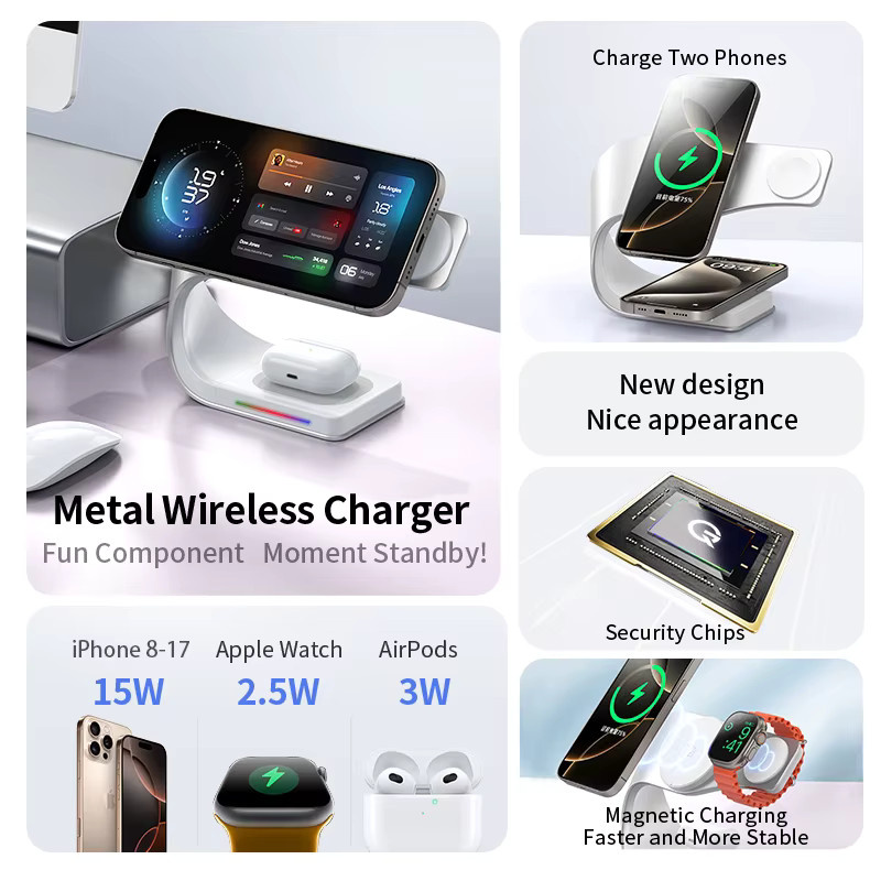 CrownQu 4-in-1 Magnetisches Kabelloses Ladegerät 15W Schnellladestation aus Metall in Silber für iPhone, AirPods und Apple Watch - Bild 2