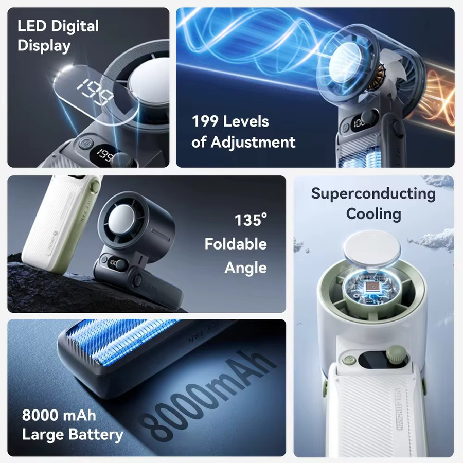AIRUIDU Tragbarer Handventilator in Schwarz mit 199 Windgeschwindigkeitsstufen, LED-Digitalanzeige und 8000 mAh Akku - Bild 2