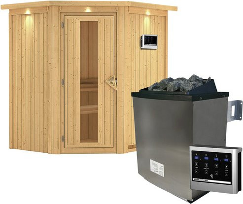 Karibu Sauna Narva aus Fichtenholz mit 9 kW Saunaofen und externer Steuerung für 3 Personen, beige, B: 202,0 cm, T: 165,0 cm, H: 184,0 cm - Bild 1
