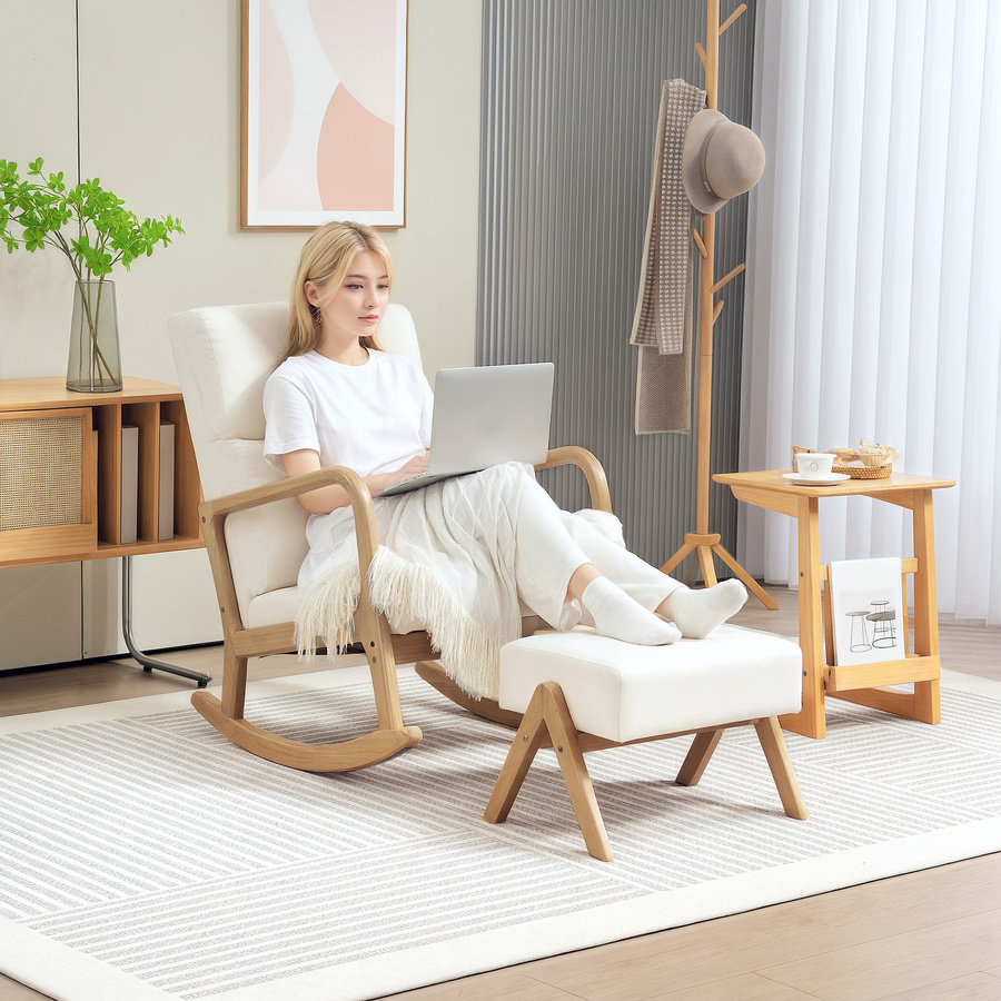 HOMCOM Schaukelstuhl mit Hocker in Cremeweiß, Relaxsessel mit Leinenoptik und Holzbeinen für Wohnzimmer oder Schlafzimmer - Bild 2