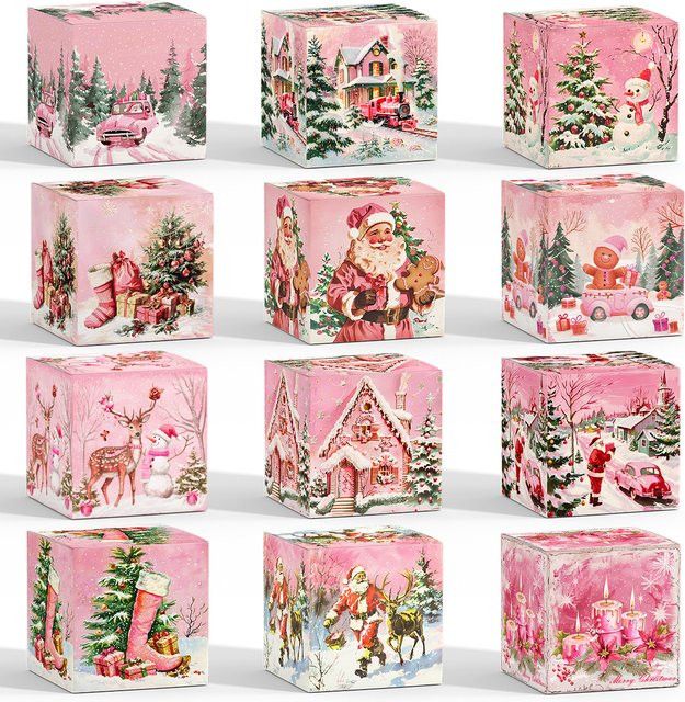 joy-enlife Weihnachtliche Geschenkboxen aus Papier in Rosa mit Santa Claus, Schneemann und Elch für Weihnachts- und Neujahrsfeiern - Bild 1