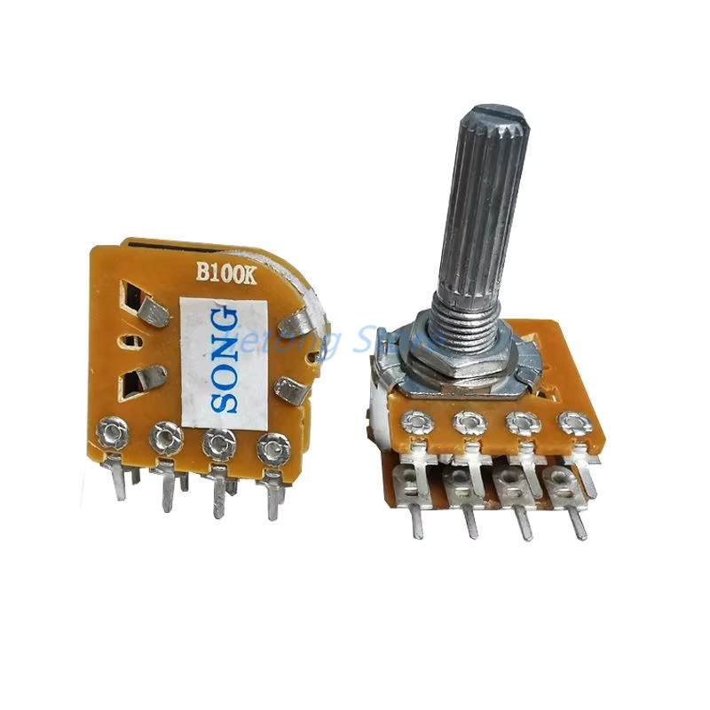 10 Stück WH148 Audio-Lautstärke-Potentiometer-Schalter, Dual 8-polig mit Mittelanschluss, B50K B100K, 25mm Pflaumenschaft, Farbe: Silber - Bild 1