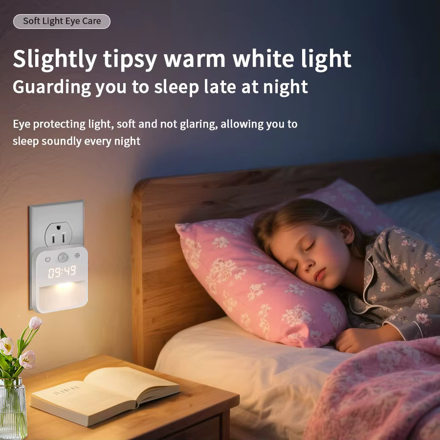 GGBEE Nachtlicht mit Bewegungssensor und Induktionsuhr, stufenlos dimmbar, dreifarbige Lichtsteuerung, Weiß - Bild 4