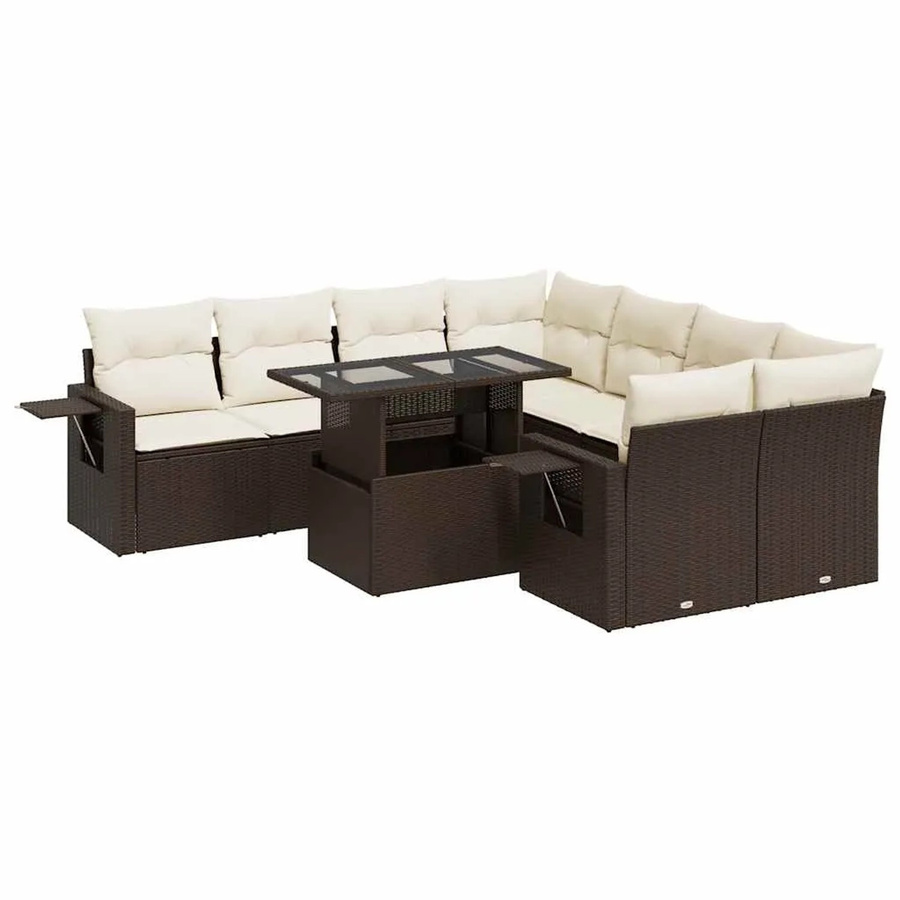 vidaXL 9-teilige Garten-Sofagarnitur aus braunem Poly-Rattan mit Kissen und Glastisch - Bild 2