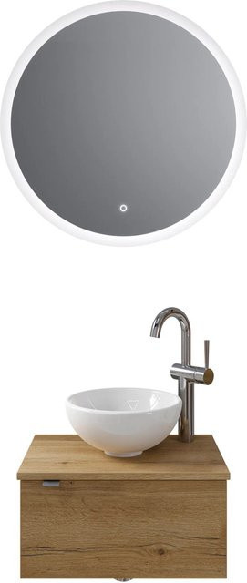 Pelipal Badmöbel-Set Serie 6915 Halifax in Eiche mit Keramik Aufsatzbecken, Waschtischunterschrank und Funktionsspiegel mit LED-Beleuchtung und Sensor-Schalter - Bild 1
