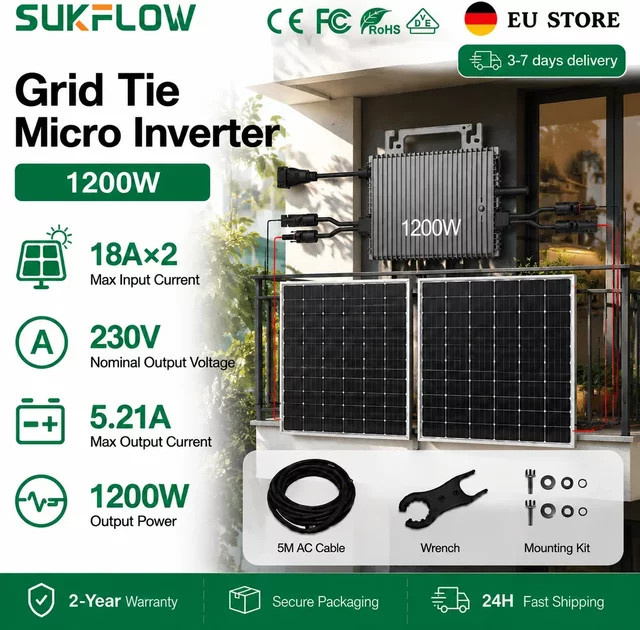 Sukflow Mikrowechselrichter mit 1200W Leistung, MPPT und WiFi-Überwachung, Plug & Play Balkon-Solarsystem, netzgekoppelter Wechselrichter 230V - Bild 1