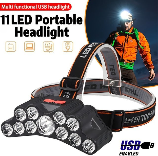 Heinast LED Stirnlampe mit 11 LEDs, USB wiederaufladbar, IPX4 wasserdicht, Schwarz - Bild 1