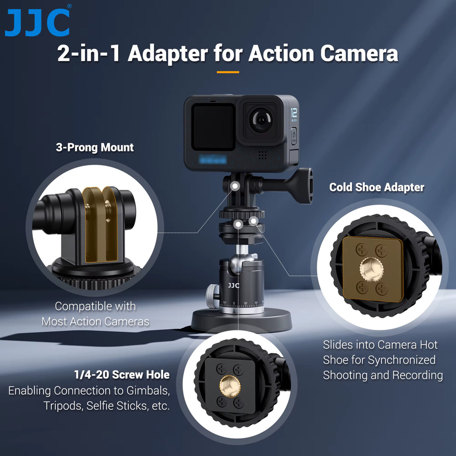 JJC Upgrade Stativadapter mit 20 Schraubenlöchern für DJI Osmo, GoPro Hero 13 12 11 10 9 8 und Insta360 X4 in Schwarz - Bild 2