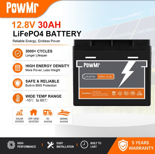 PowMr LiFePO4 Batterie 12,8V 30Ah mit integriertem BMS, 384Wh, Schwarz - Bild 1