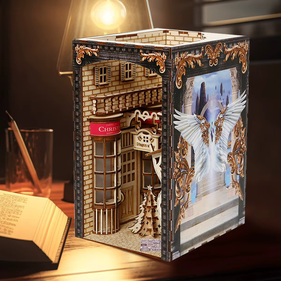 DIY Buch Ecke 3D Holz Puzzle Miniatur Puppenhaus Bücherregal Einsatz mit LED Nachtlicht zur Dekoration für dein Zuhause - Bild 3