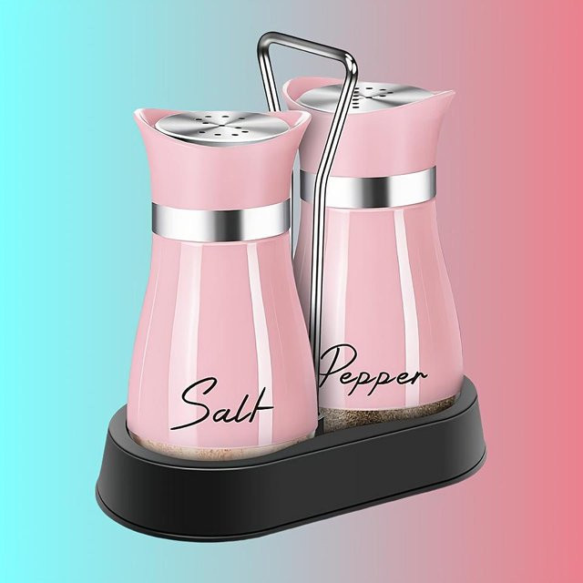 ZEKS Salz- und Pfeffer-Gewürzglas-Set aus Edelstahl und Glas mit Halter, rosa, nachfüllbar - Bild 1