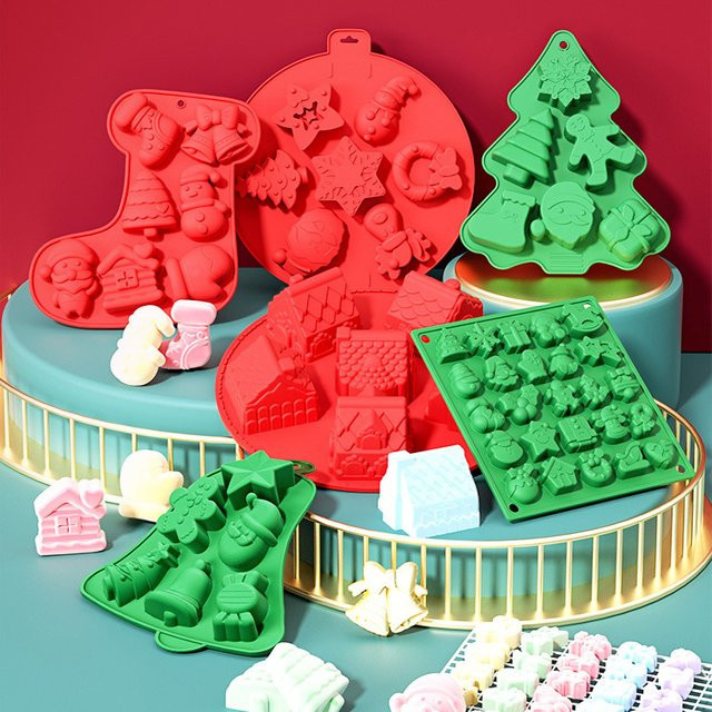 FSMHOME Silikon-Schokoladenformen für Weihnachten mit Motiven wie Weihnachtsmann, Schneemann und Lebkuchenmann in Grün für Gelee, Süßigkeiten und DIY-Backwerkzeug - Bild 1