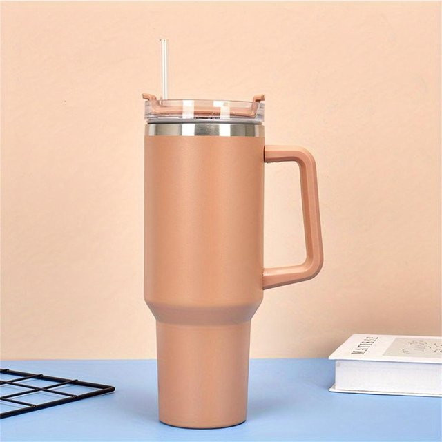 TaroKitc Isolierte Edelstahl Wasserflasche mit Griff und Strohhalm, Thermobecher für Kaffee und Sport, 1200 ml, Beige/Multicolor - Bild 1