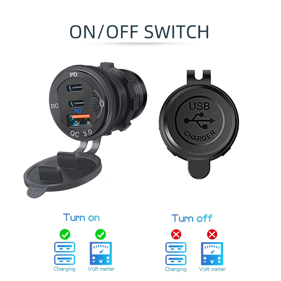 Velev 115 W Autoladegerät mit QC3.0 und PD Typ C, Drei USB-Autoladebuchsen mit Voltmeter und Schalter, Aluminium-Metall, Silber - Bild 4