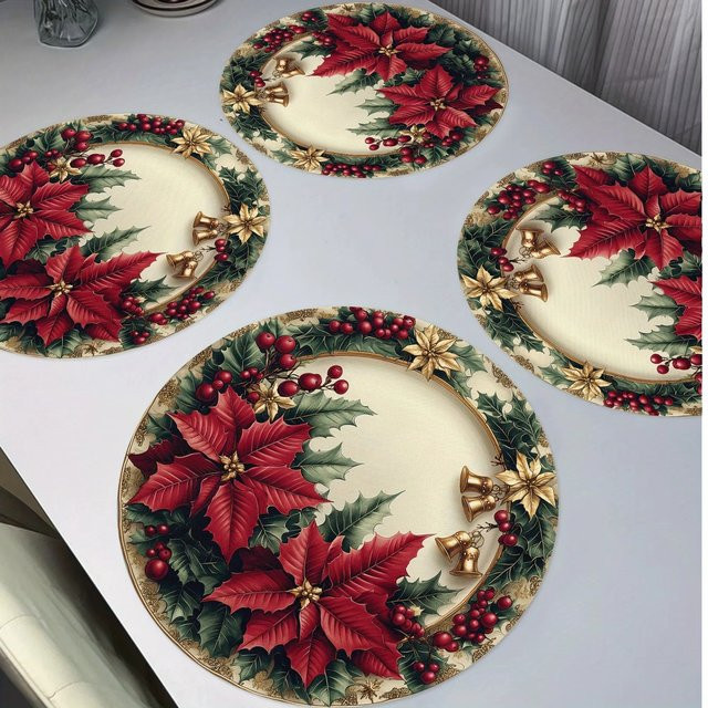 VIKAMA 4-teiliges Set weihnachtliche Tischsets in Rot, quadratisch mit floralem Design, wasserdicht und wärmeisolierend - Bild 1