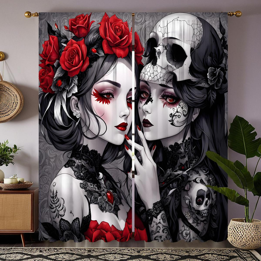 2er-Set Ghost Red Eye Skull Dekovorhang mit schwarzer Krawatte, digital bedruckt, Farbe: Schwarz, B: 132 cm, H: 160 cm - Bild 3