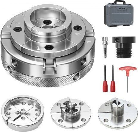 VEVOR 4 Zoll Drehbankfutter Set für Holz, 4-Backen Selbstzentrierendes Futter mit 1 Zoll x 8TPI Gewinde und Adapter, 4 Stück Rund/Stufen/Pin-Backen, Silber, aus hochfestem Stahl - Bild 1