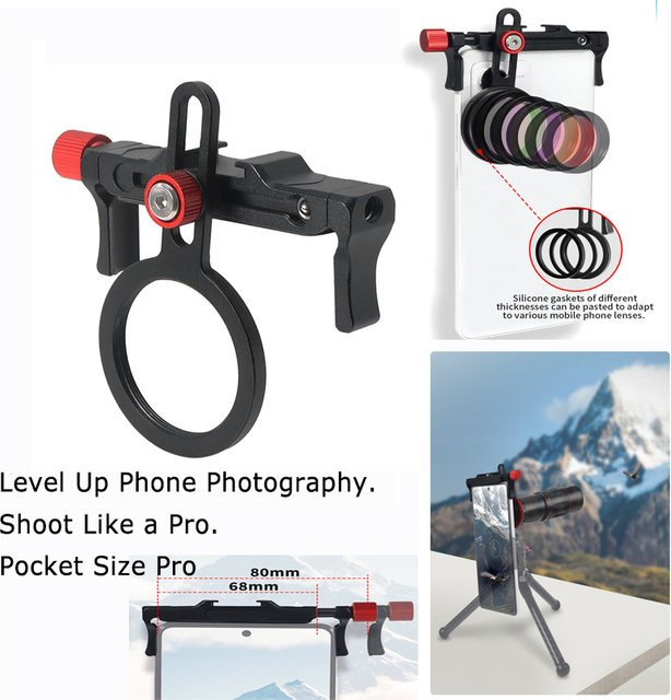 Aluminium Telefon Clip Filter Halter Adapter für iPhone und Samsung, Farbe: Schwarz, Durchmesser: 37mm, Mobiltelefon Halterung für Mikrofon und LED Licht mit Kaltzuh-Schuh, Spannweite: 67-80mm - Bild 1