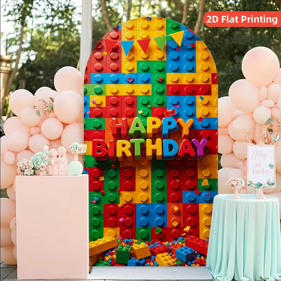 VIKAMA Party-Hintergrundstoff mit buntem Bausteine-Torbogen-Design für Geburtstag, Taufe und Neugeborene, Farbe: Mehrfarbig - Bild 2