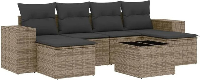 vidaXL 7-teilige Garten-Sofagarnitur in L-Form aus Poly Rattan mit Kissen und Couchtisch in Grau - Bild 1