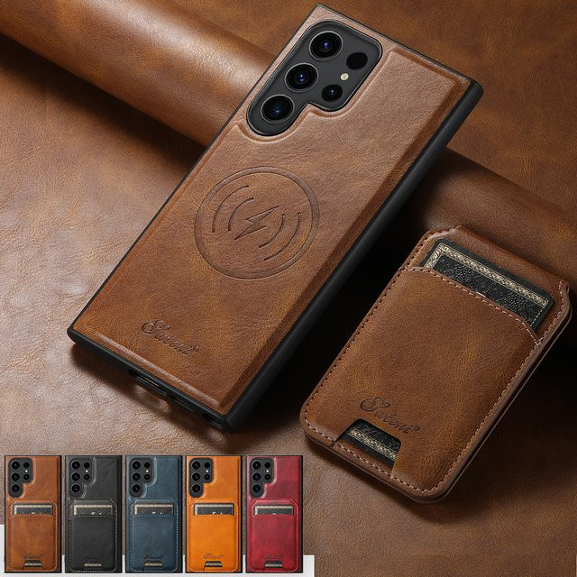 SUTENI Leder-Handyhülle mit Brieftaschenfunktion und Magnetverschluss für Samsung Galaxy S24 Ultra, S23 und S22 Plus in Schwarz oder Braun - Bild 1
