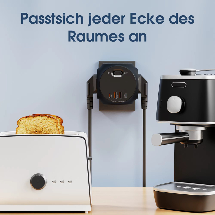 Multifunktions-Steckdosenleiste zur Wandmontage mit EU-Stecker, 4000 W, Überlastschalter, 2 USB-A und 2 USB-C Anschlüssen, Schwarz - Bild 4