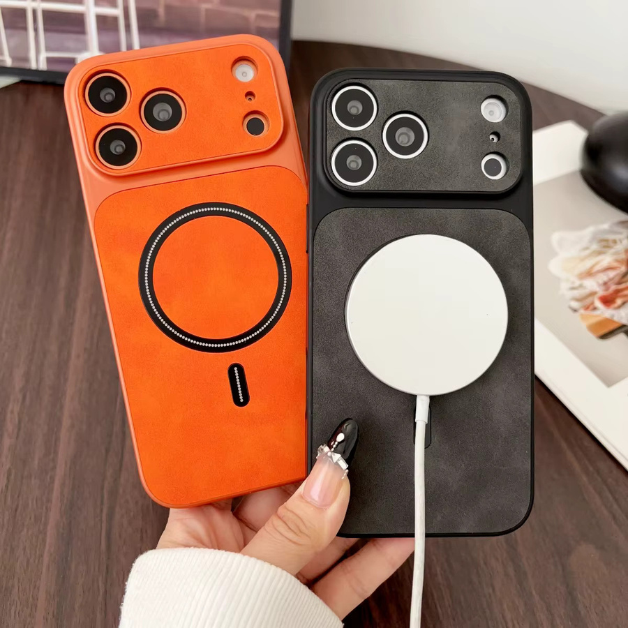 LICOERS Leder-Magnet-Hülle mit Metallic-Lackierung für iPhone 17 16 15 14 13 Pro Max Air, MagSafe kompatibel mit Rundum-Kameraschutz und Stoßfänger-Funktion in Schwarz oder Orange - Bild 1