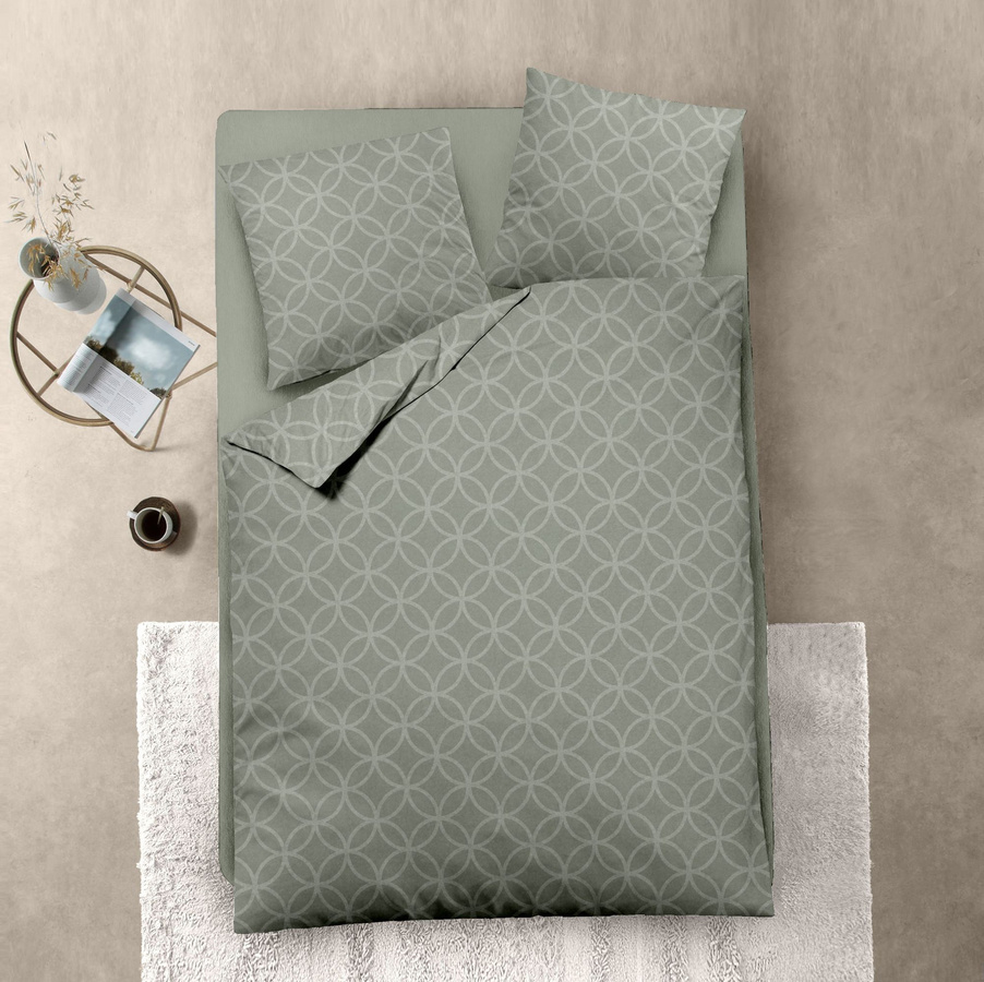 Dormisette Jacquard Flanell Bettwäsche aus Baumwolle mit Kreis-Design in Grün, B/H: 135 x 200 cm und Kissen 80 x 80 cm - Bild 1