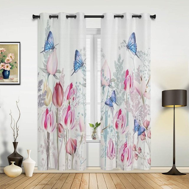 Super Six Fenster Vorhang mit Rosa Tulpen und Schmetterlingen in Grau, halbtransparentes Stoff-Dekor für Wohnzimmer und Küche, Breite: 135 cm, Höhe: 60 cm - Bild 1