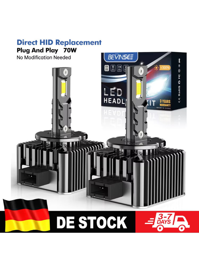 BEVINSEE LED Scheinwerferlampen Set D1S D1R D3S D3R D2S D2R D5S Canbus 70W 7000LM 6000K 12V als direkter Ersatz für HID Xenon - Bild 6