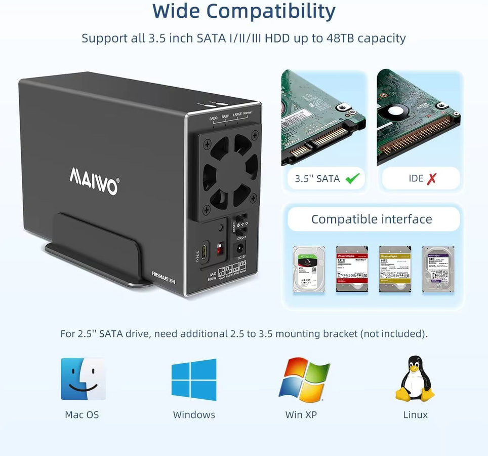 MAIWO Dual-Bay SATA RAID-Speichergehäuse für 2,5 und 3,5 Zoll HDD, 10Gbps, Schwarz - Bild 3