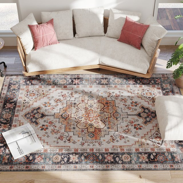 HOMCOM Teppich im Boho-Stil mit floralem Muster, Braun, B: 230 cm, T: 160 cm, rutschfest und waschbar - Bild 1