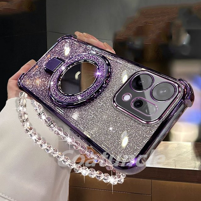 Glitzer Spiegel Handyhülle mit magnetischer Halterung und Armband für Xiaomi Redmi 15C, Note 15, Note 14 Pro Plus, 14C und POCO C85 5G in Schwarz - Bild 1