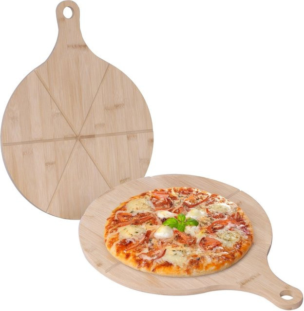 Relaxdays Pizzateller 2er Set aus Bambus mit Griff, Natur, B/T: 44 x 33 cm - Bild 1
