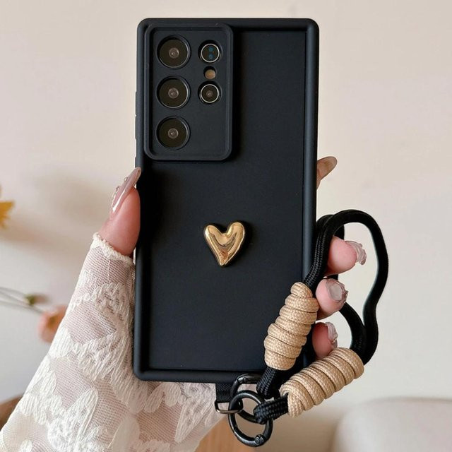 3D Gold Herz Handschlaufe Handyhülle für Samsung Galaxy S25 Ultra S24 S23 S22 Plus S21 FE Note 20 A56 A55 A36 A35 A26 A16 A15 5G in Gold und Schwarz - Bild 1