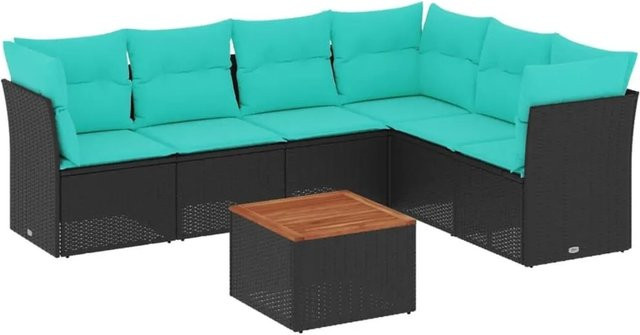 vidaXL 7-teilige Garten-Sofagarnitur in L-Form aus Poly-Rattan und Akazienholz mit Kissen in Schwarz - Bild 1