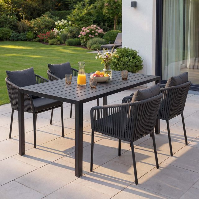 MCW Gartengarnitur N41 5-teilig aus Alu mit Seilgeflecht in Anthrazit und dunkelgrauen Kissen, Tisch B: 140 cm, T: 80 cm - Bild 1