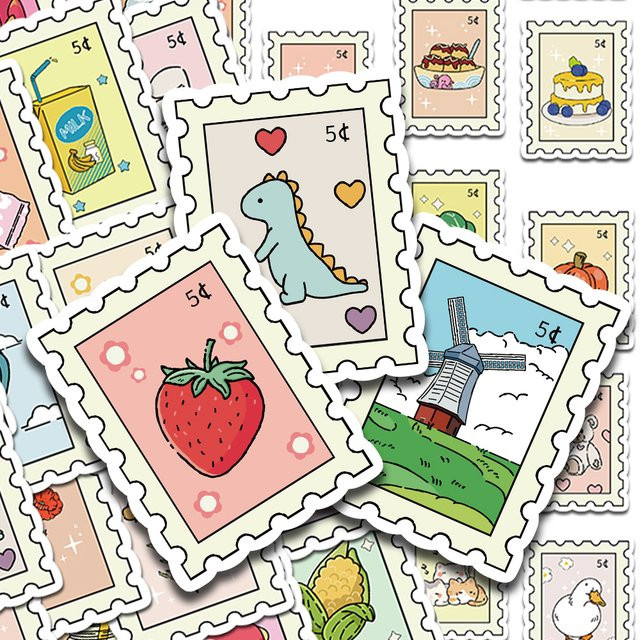 50 Stück Cartoon Briefmarken Aufkleber in Multicolour für Laptop, Sammelalbum und Gepäck, wasserfeste DIY Ästhetik Aufkleber - Bild 1