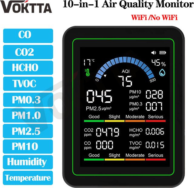 Voktta 10-in-1 Luftqualitätsdetektor CO2-Monitor und PM2,5 PM10 Formaldehyd-Detektor mit Temperatur- und Feuchtigkeitsmesser in Schwarz - Bild 1