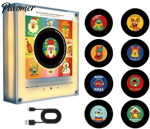 HonorBond Plattenspieler Magnet Set mit 9 programmierbaren Vinyl-Kühlschrankmagneten, 128MB Speicher, NFC und LED Nachtlicht, Grau - Bild 1