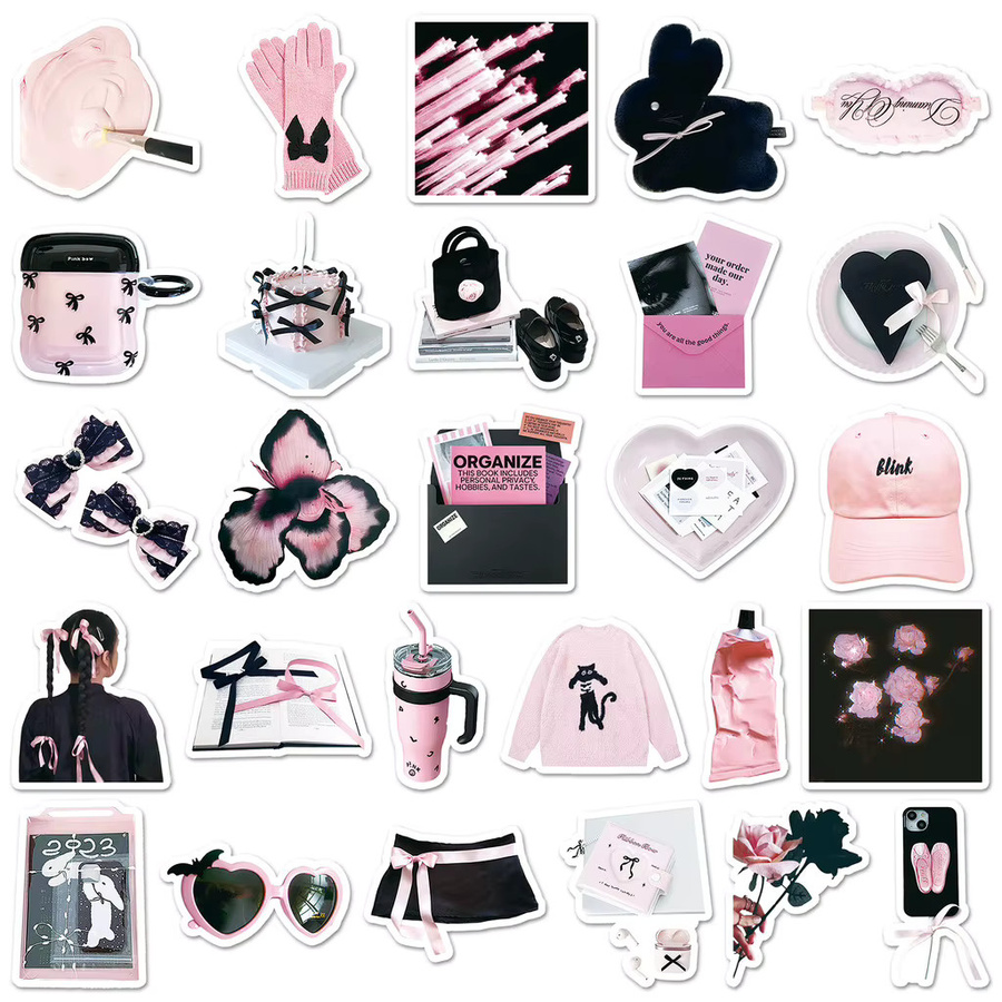 52 Stück Aufkleber im INS-Stil von AnimeWorlds Store in Schwarz und Rosa zur Dekoration von Notizbüchern und Gepäck - Bild 4