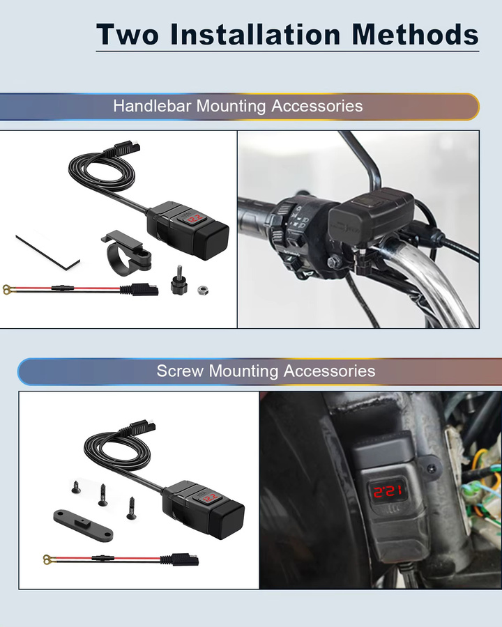 Wasserdichtes Motorrad USB Ladegerät QC3.0 mit Voltmeter und USB-C Anschluss, 12V Lenker Adapter in Schwarz oder Blau - Bild 5